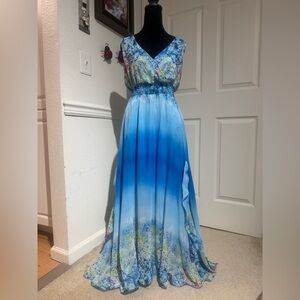 Elegant Blue Floral Maxi Dress w side ruffles.